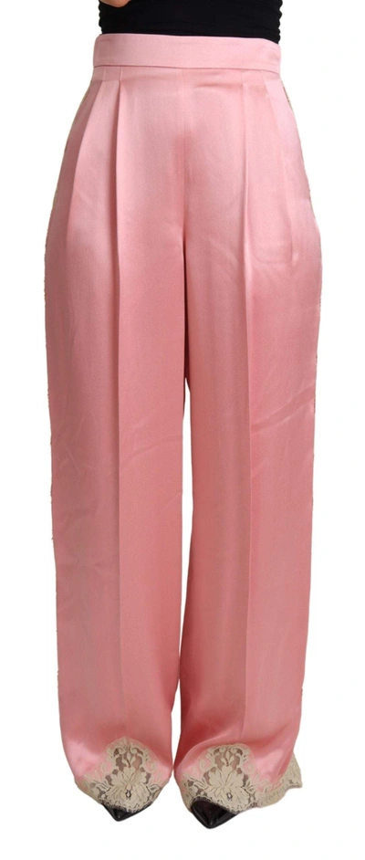Shop Dolce & Gabbana Pink Lace Trimmed Silk Satin Wide Legs Pants