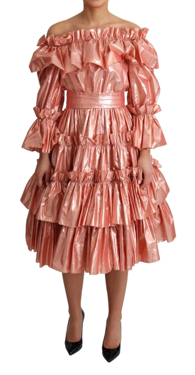 Shop Dolce & Gabbana Pink Ruffled Dress Silk Cotton Gown Dress