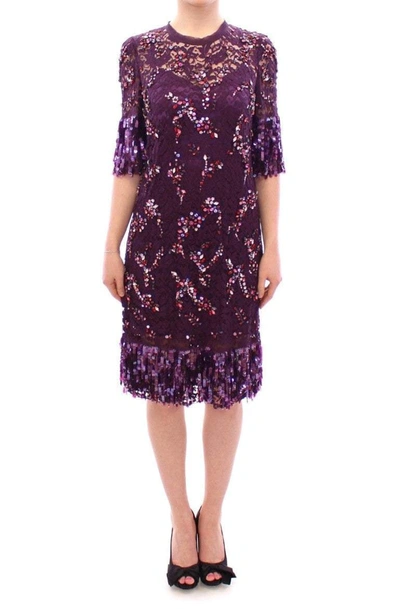 Shop Dolce & Gabbana Purple Floral Lace Crystal Embedded Dress