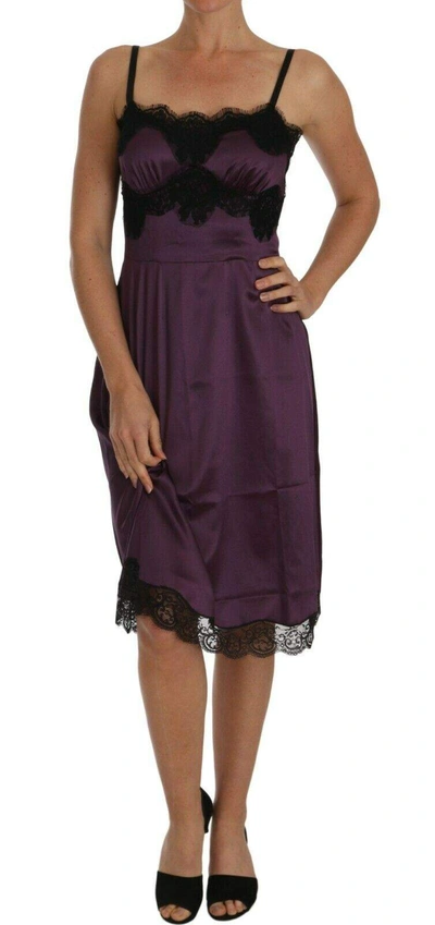 Shop Dolce & Gabbana Purple Silk Stretch Black Lace A-line Dress