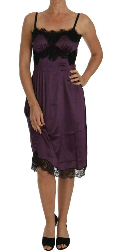 Dolce & Gabbana Purple Silk Stretch Black Lace A-line Dress In Purple