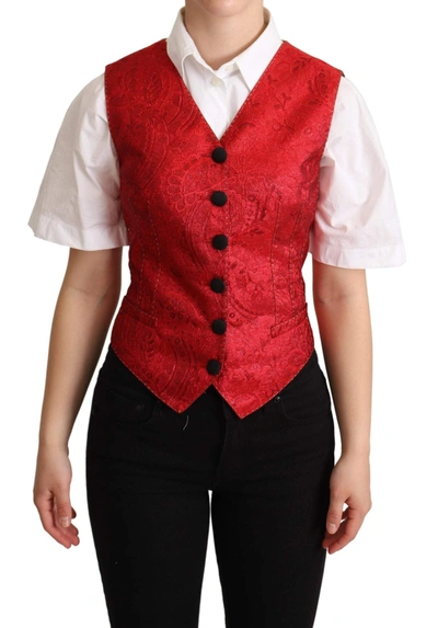 Shop Dolce & Gabbana Red Brocade Leopard Print Waistcoat Vest