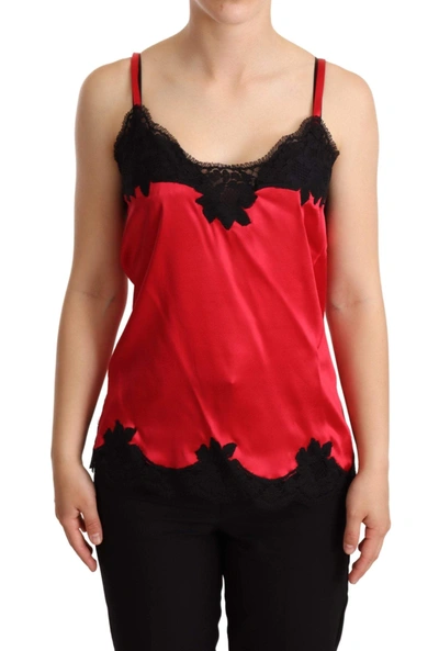 Shop Dolce & Gabbana Red Floral Lace Trimmed Silk Satin Camisole Top