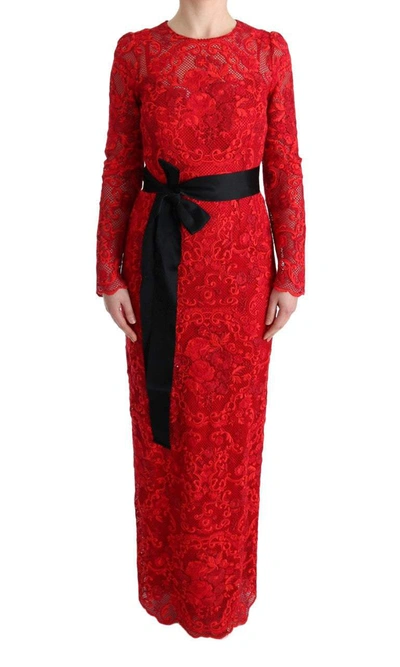 Shop Dolce & Gabbana Red Floral Ricamo Sheath Long Dress