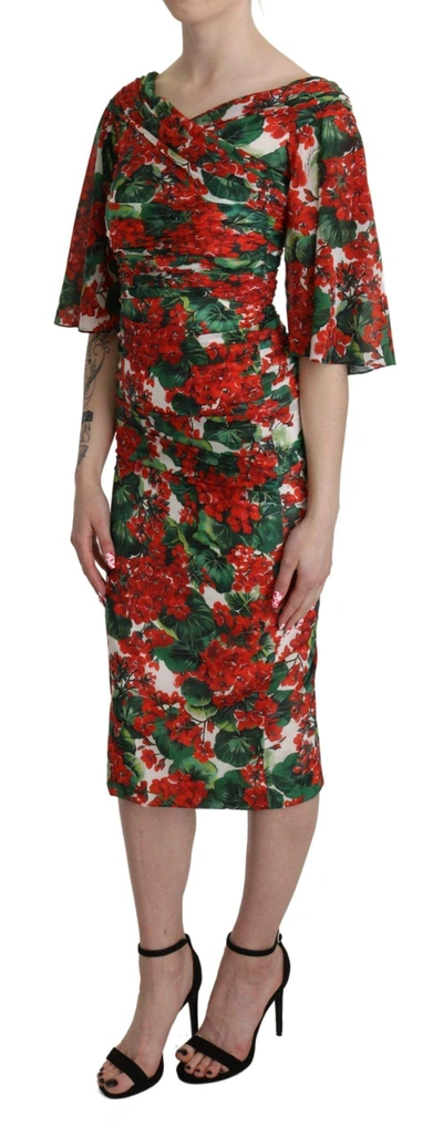 Shop Dolce & Gabbana Red Floral Sheath Midi Silk Stretch Dress In Multicolor