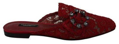 Shop Dolce & Gabbana Red Lace Crystal Slide On Flats Shoes