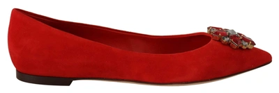 Shop Dolce & Gabbana Red Suede Crystals Loafers Flats Shoes