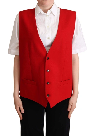 Shop Dolce & Gabbana Red Virgin Wool Sleeveless Waistcoat Vest