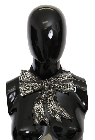 Shop Dolce & Gabbana Silver Crystal Beaded Sequined 100% Silk Catwalk Necklace Bowtie