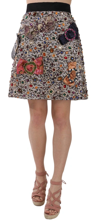 Shop Dolce & Gabbana Silver Crystal Bow High Waist Mini Skirt