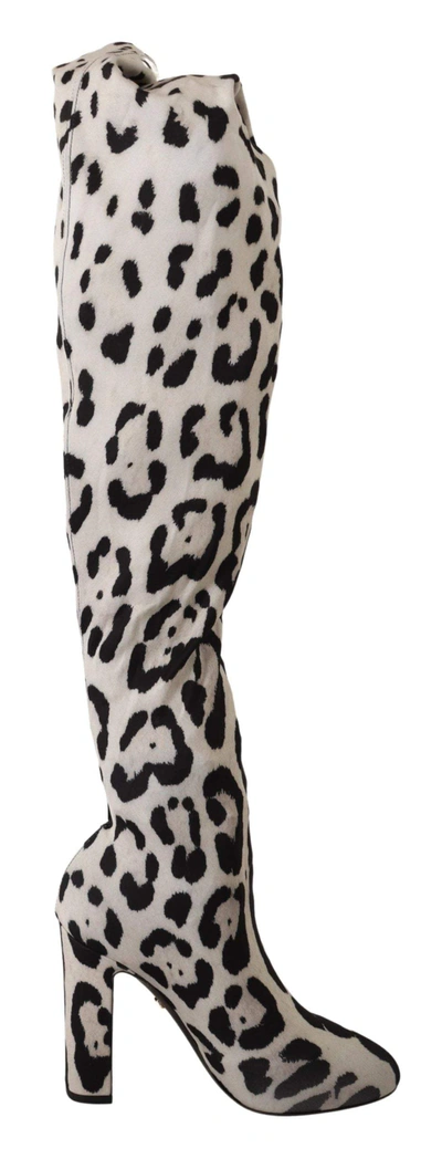 Shop Dolce & Gabbana White Black Leopard Stretch Long Boots