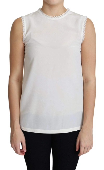 Shop Dolce & Gabbana White Blouse Silk Lace Trimmed Sleeveless Top
