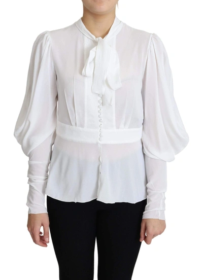 Shop Dolce & Gabbana White Blouse Ascot Collar Lantern Sleeves Top