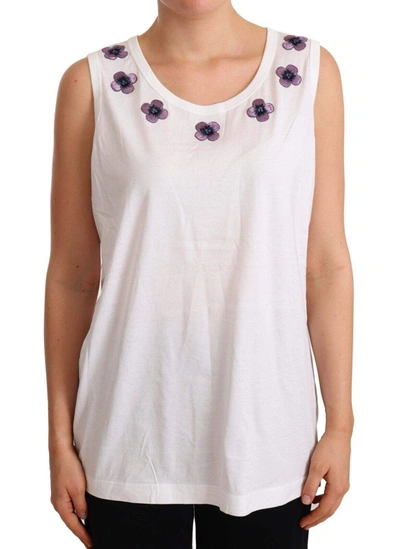 Shop Dolce & Gabbana White Cotton Floral Embroidery Tank T-shirt Top