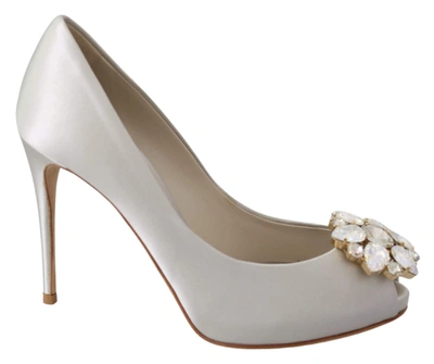 Shop Dolce & Gabbana White Crystals Peep Toe Heels Satin Pumps Shoes