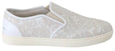 Dolce & Gabbana White Leather Lace Slip On Loafers Shoes In White