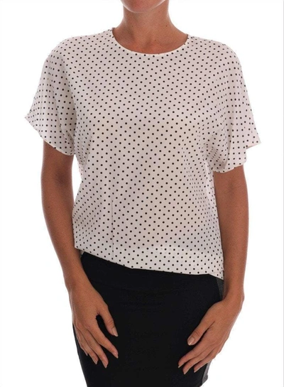 Shop Dolce & Gabbana White Polka Dotted Silk T-shirt Top