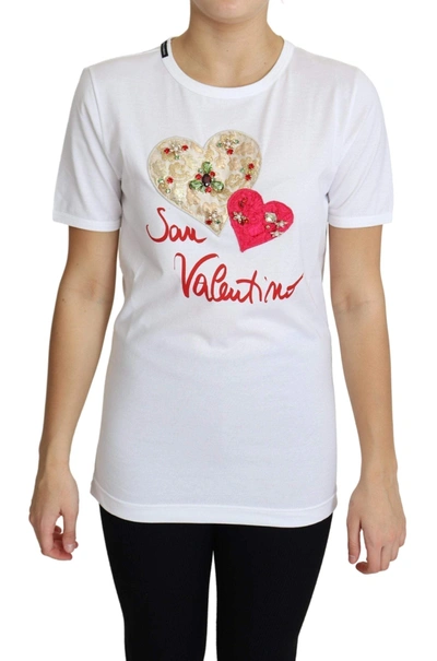 Shop Dolce & Gabbana White San Valentino Heart Crystals T-shirt Top