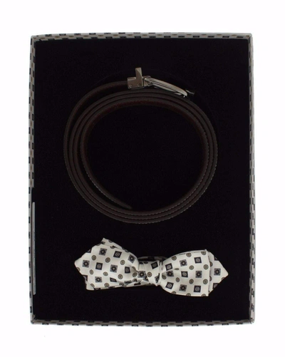 Dolce & Gabbana White Silk Bowtie Leather Men Belt Gift Box In White