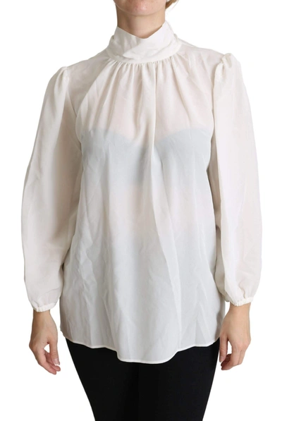 Shop Dolce & Gabbana White Silk Pussy Bow Long Sleeved Top Blouse