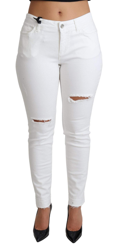 Shop Dolce & Gabbana White Tattered Skinny Denim Cotton Stretch Jeans