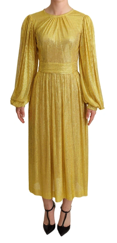 Shop Dolce & Gabbana Yellow Crystal Mesh Pleated Maxi Dress