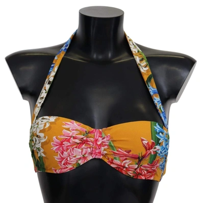 Shop Dolce & Gabbana Yellow Floral Print Swimsuit Beachwear Bikini Tops