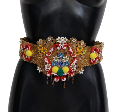 Shop Dolce & Gabbana Embellished Floral Crystal Wide Waist Carretto Belt In Gold