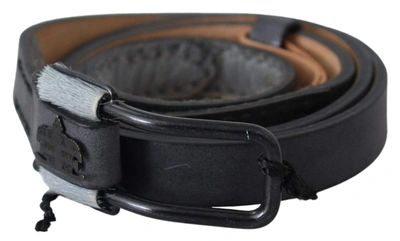 Shop Ermanno Scervino Black Leather Fringes Logo Buckle Belt