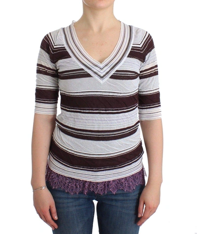 Shop Ermanno Scervino Women  Striped Lace V-neck Short Sleeve Top Sweater In Multicolor