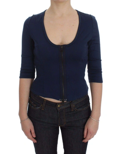 Shop Exte Blue Cotton Top Zipper Deep Crew-neck Sweater