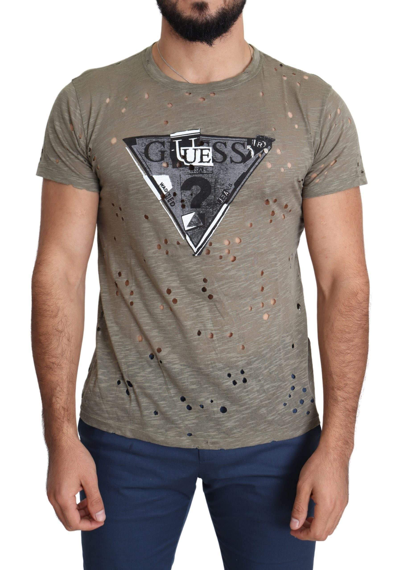 Guess Brown Cotton Stretch Logo Print Men Casual Perforated T-shirt In Brown