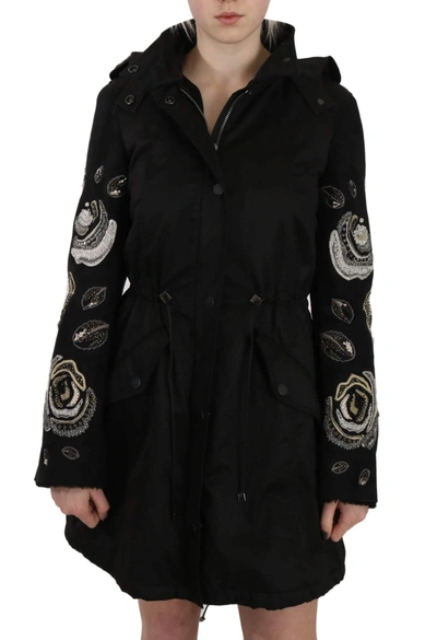 Shop John Richmond Floral Sequined Beaded Hooded Jacket Coat In Black