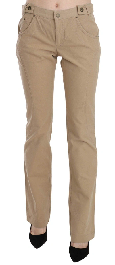 Shop Just Cavalli Cotton Mid Waist Straight Trousers Pants In Beige