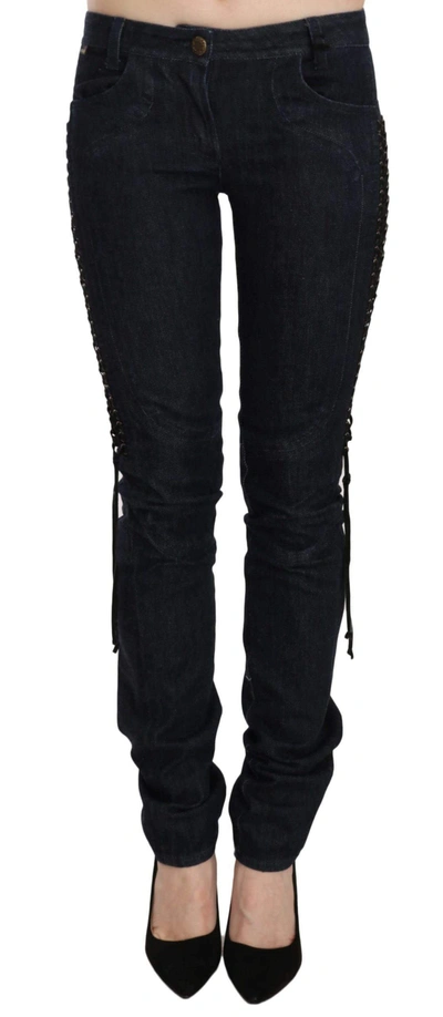 Shop Just Cavalli Low Waist Skinny Trousers Braided String Pants In Black