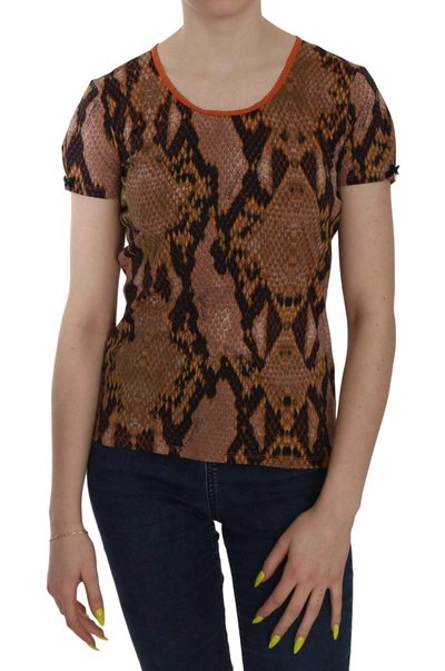 Shop Just Cavalli Snake Skin Print Short Sleeve Top T-shirt In Brown