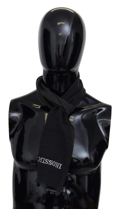 Missoni Gray Wool Unisex Neck Wrap Shawl Fringes Logo Scarf In Black