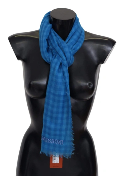 Shop Missoni Blue Checkered Cashmere Unisex Wrap Fringes Scarf
