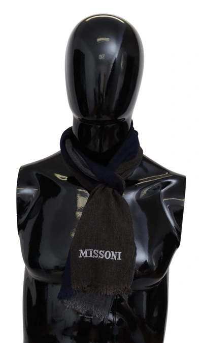 Missoni Gray Wool Unisex Neck Wrap Shawl Fringes Logo Scarf In Multicolor