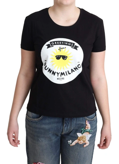 Shop Moschino Black Cotton Sunny Milano Print T-shirt