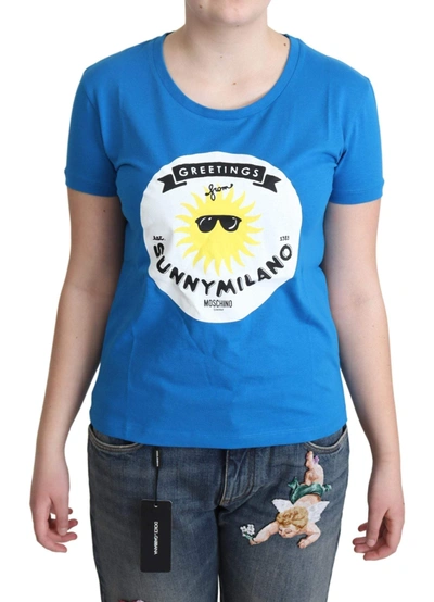 Shop Moschino Blue Cotton Sunny Milano Print Tops T-shirt