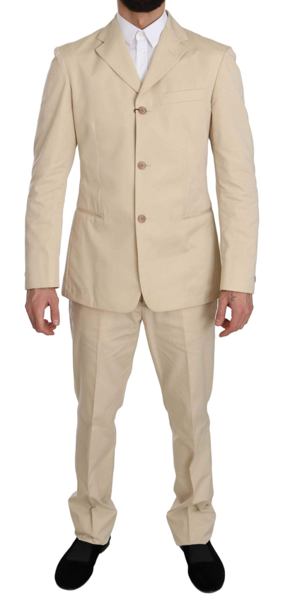 Shop Romeo Gigli Two Piece 3 Button  Cotton Solid Suit In Beige