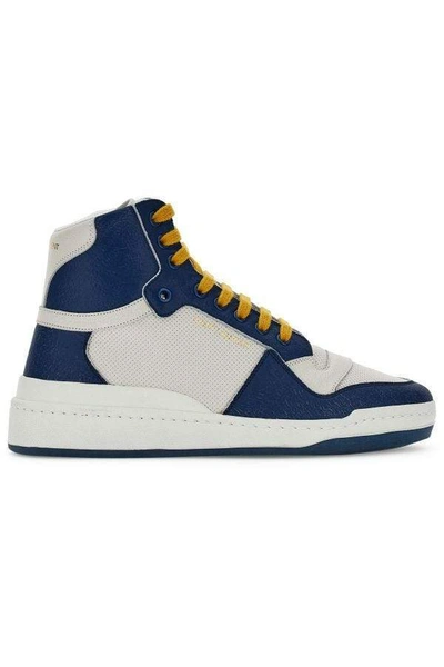 Shop Saint Laurent Blue Calf Leather Mid Top Sneakers