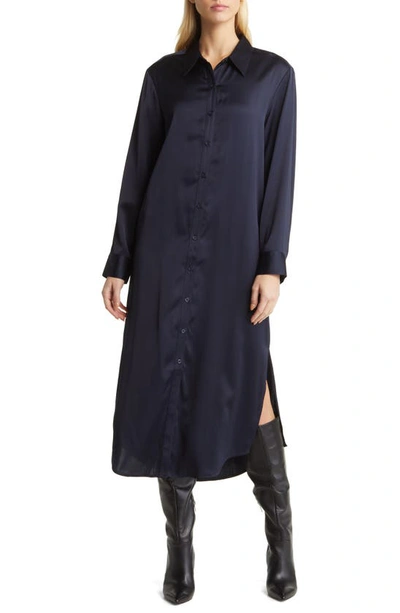 Shop Nordstrom Long Sleeve Satin Midi Shirtdress In Navy Night