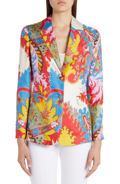 Shop Etro Floral Print Single Breasted Silk Blazer In Red