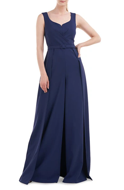 Shop Kay Unger Rosetta Belted Maxi Jumpsuit In Deep Navy