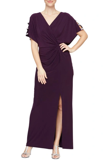 Shop Alex Evenings Embellished Sleeve Knot Front Jersey Gown In Eggplant