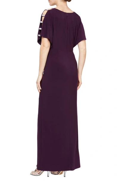 Shop Alex Evenings Embellished Sleeve Knot Front Jersey Gown In Eggplant