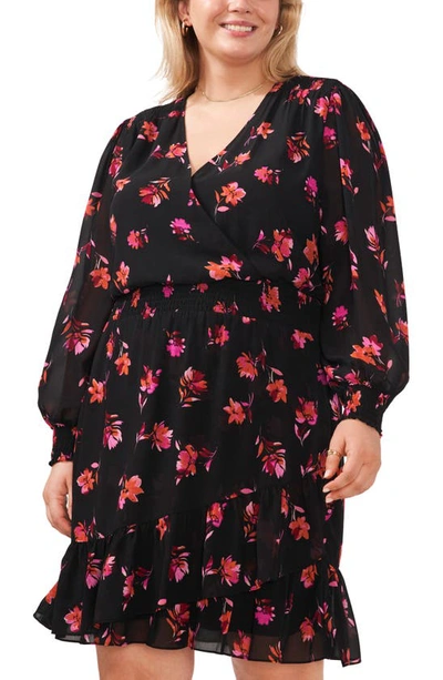 Shop Vince Camuto Smocked Floral Print Ruffle Long Sleeve Minidress In Black/pomegranate Pink
