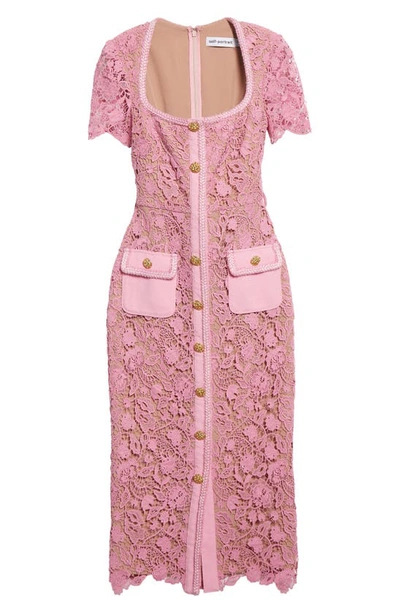 Shop Self-portrait Guipure Lace Midi Sheath Dress In Pink